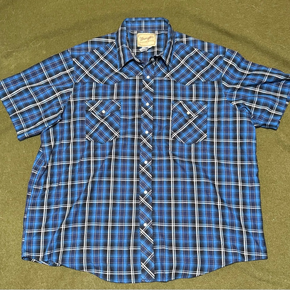 Wrangler Men's Pearl Snap Blue Plaid Western Cowboy Ranch Shirt Size 2XL XXL